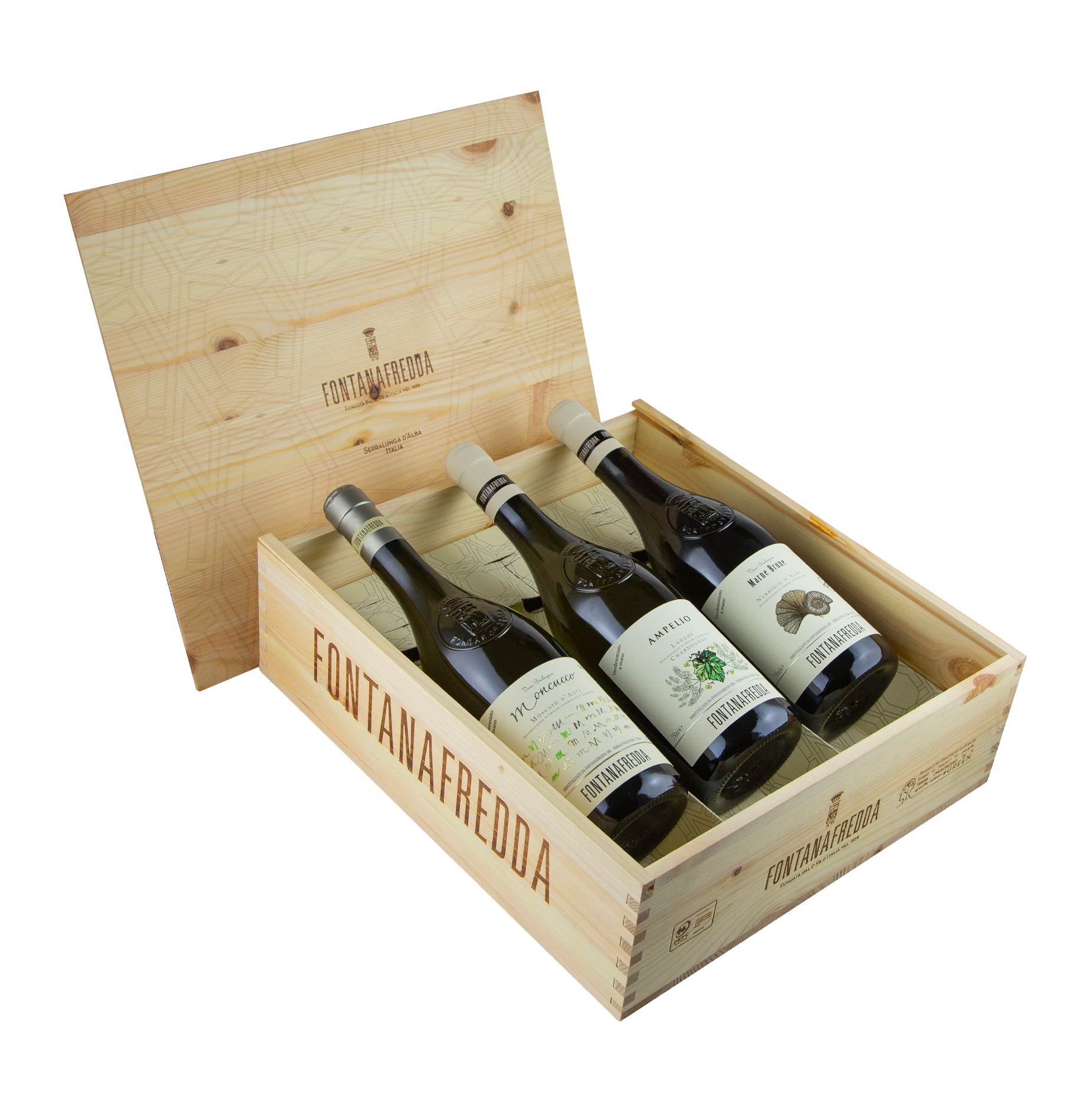 Ampelio Langhe DOC Chardonnay + Marne Brune Nebbiolo DOC + Moncucco Moscato D'Asti DOCG (Cassetta Legno)